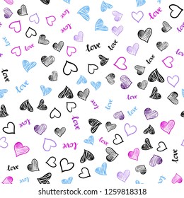 Light Pink, Blue vector seamless background with words of love, hearts. Colorful illustration with quote LOVE YOU, hearts. Texture for window blinds, curtains.