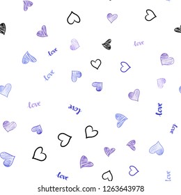 Light Pink, Blue vector seamless pattern with phrase LOVE YOU, hearts. Design in doodle style with text LOVE YOU, hearts. Template for business cards, websites.