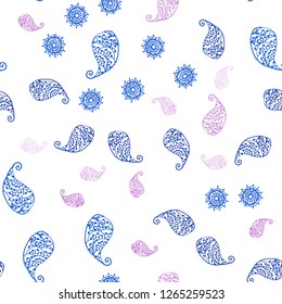 Light Pink, Blue vector seamless elegant background with leaves and flowers. Decorative design in Indian style on white background. Template for business cards, websites.