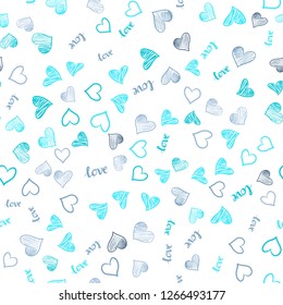 Light Pink, Blue vector seamless background with words of love, hearts. Design in doodle style with text LOVE YOU, hearts. Design for textile, fabric, wallpapers.