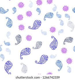 Light Pink, Blue vector seamless doodle background with leaves and flowers. Colorful illustration in doodle style with leaves, flowers. Design for textile, fabric, wallpapers.