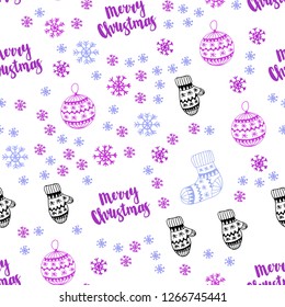 Light Pink, Blue vector seamless pattern with christmas snowflakes, balls, socks, mittens. Colorful illustration with xmas symbols. Design for wallpaper, fabric makers.