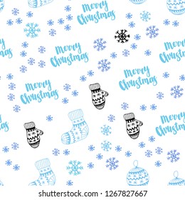 Light Pink, Blue vector seamless pattern with christmas snowflakes, balls, socks, mittens. Colorful decorative design in xmas style. Pattern for design of fabric, wallpapers.