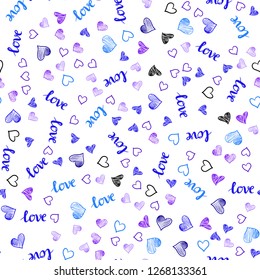 Light Pink, Blue vector seamless backdrop with phrase LOVE YOU, hearts. Romantic illustration with colorful phrase LOVE YOU, hearts. Texture for window blinds, curtains.