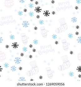 Light Pink, Blue vector seamless pattern with christmas snowflakes, balls, socks, mittens. Shining colorful illustration in christmas style. Texture for window blinds, curtains.