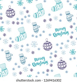 Light Pink, Blue vector seamless background with xmas snowflakes, balls, socks, mittens. Colorful illustration with xmas symbols. Design for textile, fabric, wallpapers.