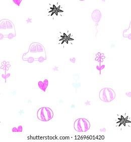 Light Pink, Blue vector seamless backdrop with holiday gifts. Illustration with a colorful toy car, heart, baloon, tulip, candy, ball. Pattern for birthday gifts.