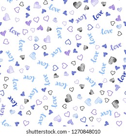 Light Pink, Blue vector seamless texture with words LOVE YOU, hearts. Illustration with phrase LOVE YOU, hearts for valentine's day. Template for business cards, websites.