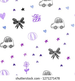 Light Pink, Blue vector seamless pattern with christmas toys. Shining illustration with a toy car, heart, baloon, tulip, candy, ball. Design for holiday adverts.