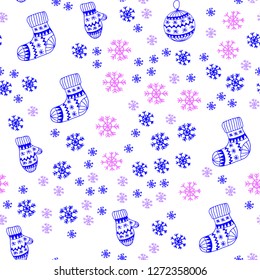 Light Pink, Blue vector seamless pattern with christmas snowflakes, balls, socks, mittens. Glitter abstract illustration with gradient. Texture for window blinds, curtains.