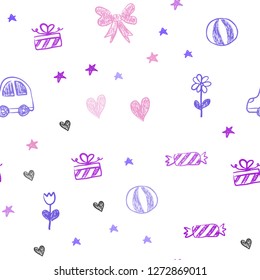 Light Pink, Blue vector seamless pattern with christmas toys. Illustration with a colorful toy car, heart, baloon, tulip, candy, ball. Pattern for new year ads.