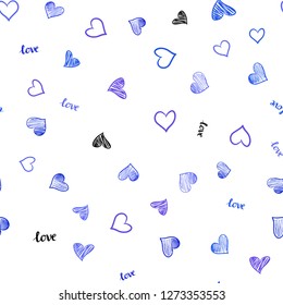 Light Pink, Blue vector seamless template with text LOVE YOU, hearts. Illustration with words of love, hearts in abstract style. Design for wallpaper, fabric makers.