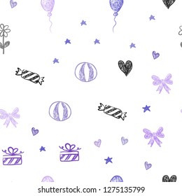 Light Pink, Blue vector seamless background in xmas style. Shining illustration with aheart, baloon, candy, gift, star, ribbon. Pattern for birthday gifts.
