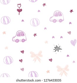 Light Pink, Blue vector seamless template with carnival elements. Design in xmas style with a toy car, heart, baloon, tulip, candy, ball. Pattern for new year ads.