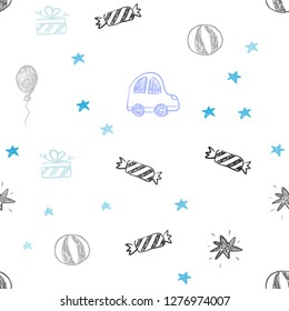 Light Pink, Blue vector seamless backdrop in holiday style. Shining illustration with a toy car, baloon, candy, star, ball. Pattern for new year ads.