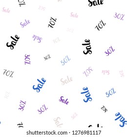 Light Pink, Blue vector seamless pattern with 30, 50, 70 percentage signs. Gradient illustration with discount signs on white backdrop. Pattern for ads, posters, banners of sales.