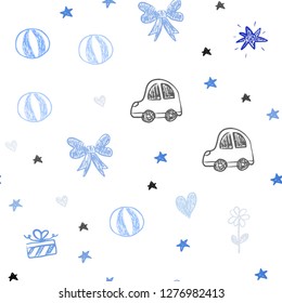 Light Pink, Blue vector seamless background with xmas attributes. Abstract illustration with a toy car, heart, baloon, tulip, candy, ball. Template for new year postcards.