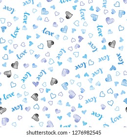 Light Pink, Blue vector seamless pattern with phrase LOVE YOU, hearts. Illustration with words of love, hearts in abstract style. Design for textile, fabric, wallpapers.