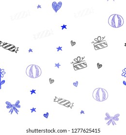 Light Pink, Blue vector seamless backdrop in holiday style. Illustration with a gradientheart, baloon, candy, gift, star, ribbon. Pattern for birthday gifts.