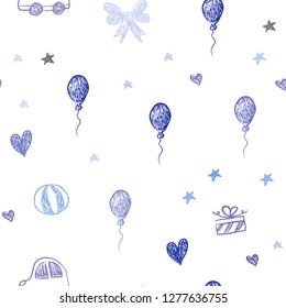 Light Pink, Blue vector seamless backdrop with holiday gifts. Abstract illustration with a toy car, heart, baloon, tulip, candy, ball. Design for colorful commercials.