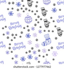 Light Pink, Blue vector seamless pattern with christmas snowflakes, balls, socks, mittens. Glitter abstract illustration with gradient. Pattern for trendy fabric, wallpapers.