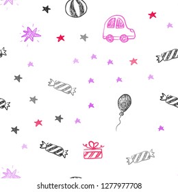 Light Pink, Blue vector seamless template in carnival style. Illustration with a gradient toy car, baloon, candy, star, ball. Design for colorful commercials.