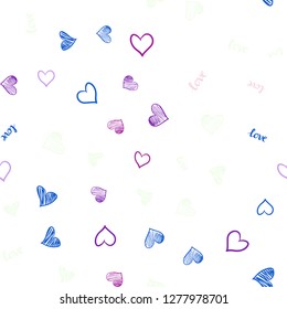 Light Pink, Blue vector seamless background with words of love, hearts. Design in doodle style with text LOVE YOU, hearts. Pattern for trendy fabric, wallpapers.