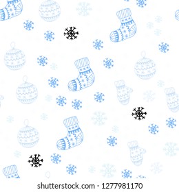 Light Pink, Blue vector seamless pattern with christmas snowflakes, balls, socks, mittens. Shining colorful illustration in christmas style. Texture for window blinds, curtains.