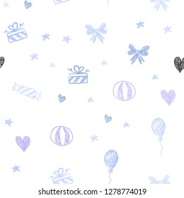 Light Pink, Blue vector seamless template in carnival style. Abstract illustration with aheart, baloon, candy, gift, star, ribbon. Design for holiday adverts.