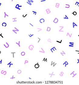 Light Pink, Blue vector seamless background with signs of alphabet. Shining illustration with ABC symbols on abstract template. Template for business cards, websites.