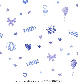 Light Pink, Blue vector seamless backdrop in holiday style. Colorful illustration with aheart, baloon, candy, gift, star, ribbon. Template for new year postcards.