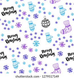 Light Pink, Blue vector seamless layout with bright snowflakes, balls, socks, mittens. Colorful xmas elements with gradient. Template for business cards, websites.
