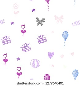 Light Pink, Blue vector seamless backdrop in holiday style. Colorful illustration with aheart, baloon, candy, gift, star, ribbon. Pattern for new year ads.