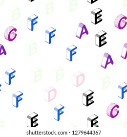 Light Pink, Blue vector seamless template with 3D isolated letters. Colorful 3D alphabet signs with gradient on white background. Design for textile, fabric, wallpapers.