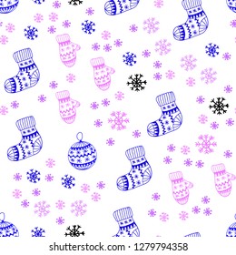Light Pink, Blue vector seamless texture with colored snowflakes, balls, socks, mittens. Colorful decorative design in xmas style. Design for wallpaper, fabric makers.
