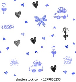 Light Pink, Blue vector seamless texture with birthday gifts. Abstract illustration with a toy car, heart, baloon, tulip, candy, ball. Design for holiday adverts.