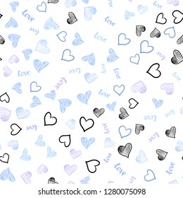 Light Pink, Blue vector seamless cover with quote LOVE YOU, hearts. Design in doodle style with text LOVE YOU, hearts. Texture for window blinds, curtains.