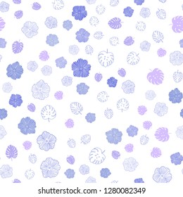 Light Pink, Blue vector seamless doodle background with leaves, flowers. Doodle illustration of leaves and flowers in Origami style. Texture for window blinds, curtains.