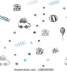 Light Pink, Blue vector seamless background in xmas style. Design in xmas style with a toy car, baloon, candy, star, ball. Pattern for new year ads.