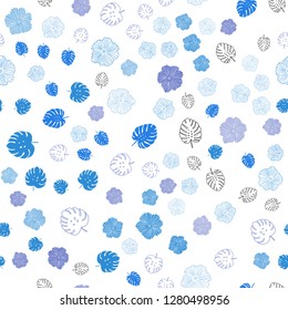 Light Pink, Blue vector seamless natural backdrop with leaves, flowers. Leaves and flowers with gradient on white background. Texture for window blinds, curtains.