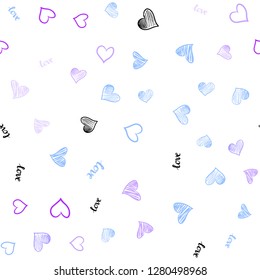 Light Pink, Blue vector seamless background with words of love, hearts. Illustration with words of love, hearts in abstract style. Pattern for trendy fabric, wallpapers.