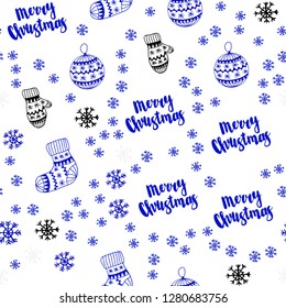 Light Pink, Blue vector seamless background with xmas snowflakes, balls, socks, mittens. Glitter abstract illustration with gradient. Template for business cards, websites.