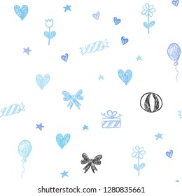 Light Pink, Blue vector seamless template in carnival style. Illustration with a gradientheart, baloon, candy, gift, star, ribbon. Design for holiday adverts.