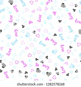 Light Pink, Blue vector seamless background with words of love, hearts. Illustration with phrase LOVE YOU, hearts for valentine's day. Texture for window blinds, curtains.