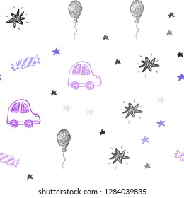 Light Pink, Blue vector seamless texture in birthday style. Shining illustration with a toy car, baloon, candy, star, ball. Design for colorful commercials.