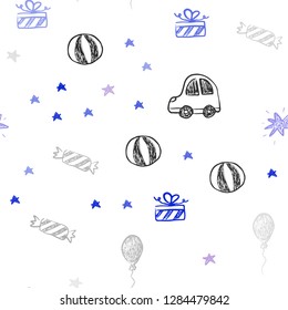 Light Pink, Blue vector seamless texture in birthday style. Colorful illustration with a toy car, baloon, candy, star, ball. Pattern for new year ads.