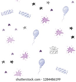 Light Pink, Blue vector seamless backdrop in holiday style. Illustration with a gradient toy car, baloon, candy, star, ball. Pattern for birthday gifts.