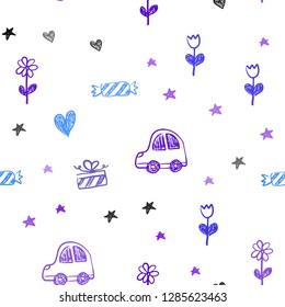 Light Pink, Blue vector seamless background with xmas attributes. Shining illustration with a toy car, heart, baloon, tulip, candy, ball. Pattern for new year ads.