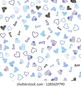 Light Pink, Blue vector seamless background with words of love, hearts. Design in doodle style with text LOVE YOU, hearts. Design for textile, fabric, wallpapers.