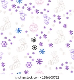 Light Pink, Blue vector seamless cover with beautiful snowflakes, balls, socks, mittens. Glitter abstract illustration with gradient. Template for business cards, websites.